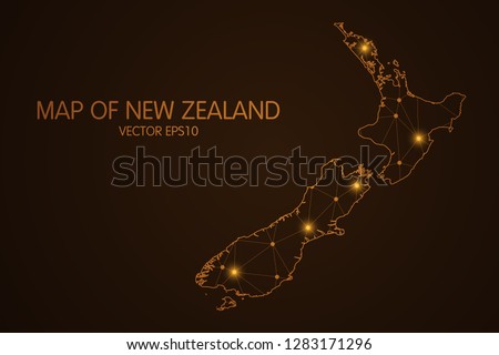 Map of New Zealand - Abstract mash line and point scales on dark background. 3D mesh polygonal network connections.Vector illustration eps 10. 