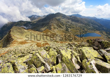 Panoramic mountain view from romanian Carpathi, Retezat mountains, Romania Royalty-Free Stock Photo #1283176729