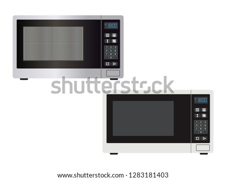 Abstract microwave front view with the door closed and controls - vector illustration or graphic design element. Kitchen equipment image isolated on a white - simple outlines and with light and shade. Royalty-Free Stock Photo #1283181403