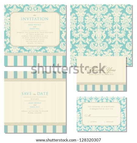 Set of wedding invitations and announcements with vintage background artwork. Ornate damask background Royalty-Free Stock Photo #128320307