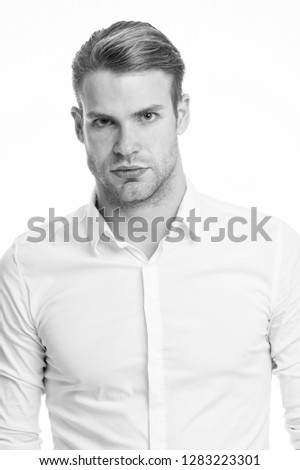 White collar worker. Man well groomed unbuttoned white collar elegant shirt isolated white background. Macho confident ready work office. Guy office worker handsome attractive. Working dress code.
