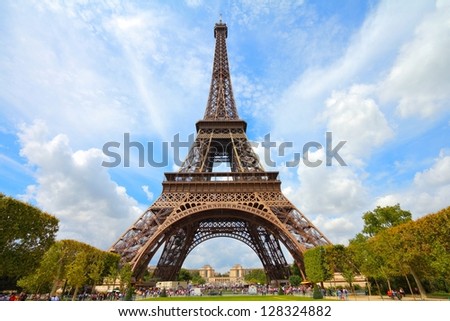 Paris, France - Eiffel Tower seen from Champ de Mars. UNESCO World Heritage Site.