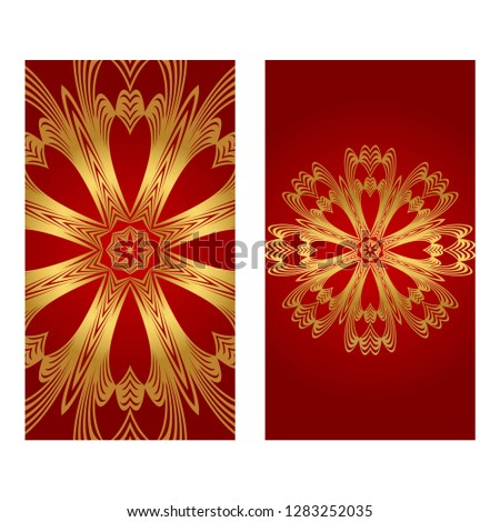 Set of two Business Cards. Vintage decorative elements with mandala ornament. Ornamental floral, oriental pattern. Vector illustration. Islam, Arabic, Indian, turkish, pakistan, chinese, motifs.
