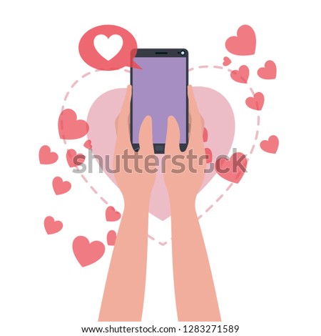 hands with smartphone and hearts isolated icon