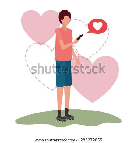 man with smartphone and heart character