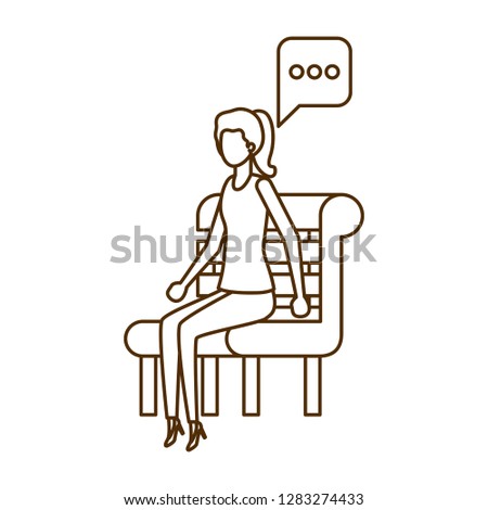 woman sitting on bench with speech bubble