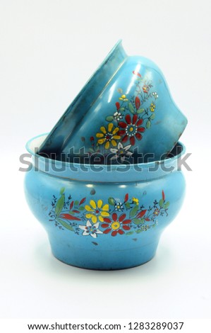 Blue Embossed Enamel Spittoon With Flower Pattern, Vintage Spittoon