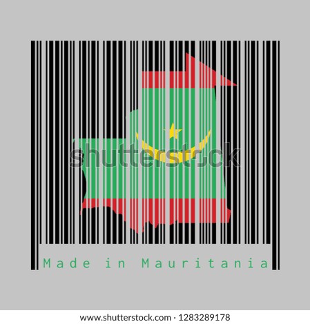 Barcode set the shape to Mauritania map outline and the color of Mauritania flag on black barcode with grey background, text: Made in Mauritania. concept of sale or business.