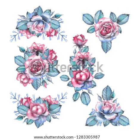 Cute watercolor collection of rose vignettes. Hand painted pastel colored design isolated on white background.