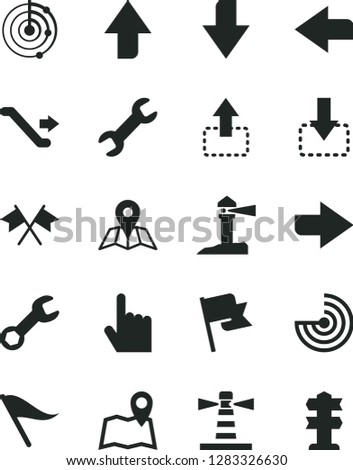 Solid Black Vector Icon Set - upward direction vector, downward, right, left, wind indicator, index finger, map, flag, move up, down, lighthouse, coastal, repair, radar, cross flags, escalator