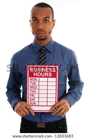 business man holding a red sign on white