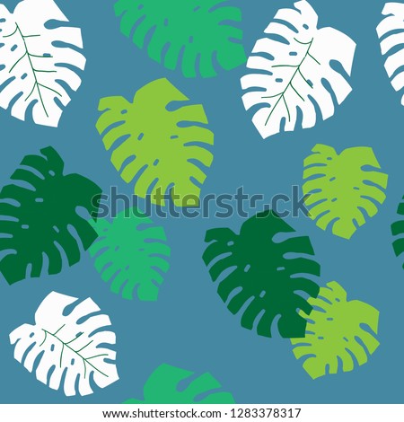 Leaf pattern. Blue background, white and green monstera leaves. Good for textiles, banners, postcards. Simple seamless pattern.