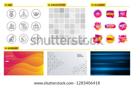 Seamless pattern. Shopping mall banners. Set of Hamburger, Best rank and Career ladder icons. Wallet, Management and Water drop signs. Cold coffee, Mail letter and Sync symbols. Vector