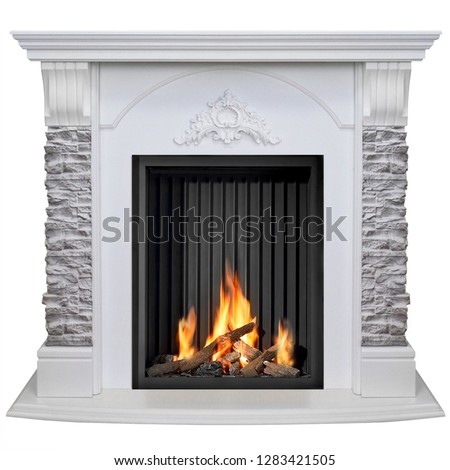 Stone burning fireplace isolated on white background.