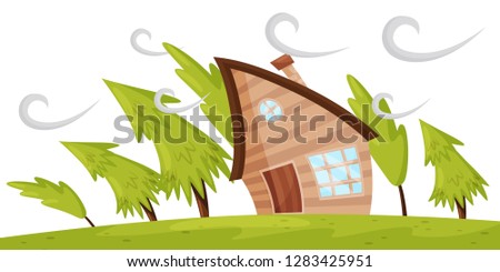 Flat vector scene with house and fir trees blowing away by strong wind. Powerful windstorm. Natural disaster Royalty-Free Stock Photo #1283425951
