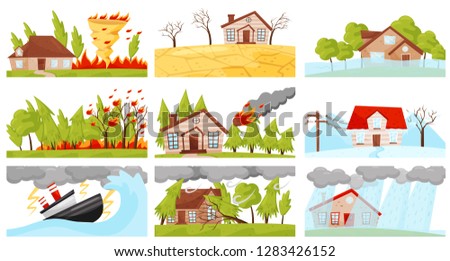 Flat vector set of natural disasters illustrations. Fire whirl, lightning storm, wildfire, meteorite fall Royalty-Free Stock Photo #1283426152