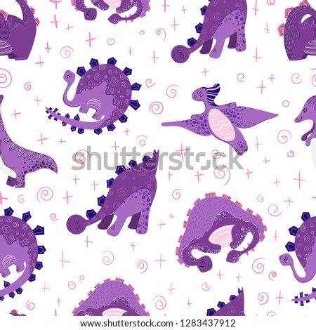 Bright color vector seamless pattern with cute violet, purple dino characters - for kids clothing, textiles, prints and posters. White background. Hand drawing line.