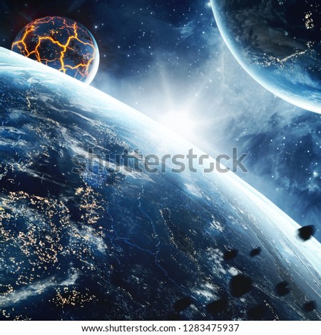 Abstract planet with huge cracks with lava in space. 3D concept for global warming and Apocalypce. Elements of this image furnished by NASA. Royalty-Free Stock Photo #1283475937