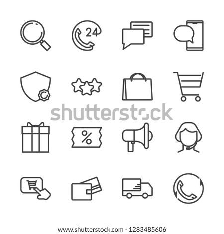 Simple set of ecommerce icons. Contains icons search, chat, feedback,secure, rating, shopping bag, shopping cart, gift, discount, payment, delivery. Vector line icon.