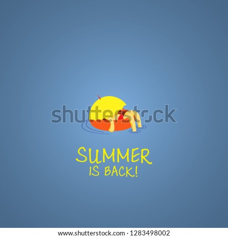 A kid under an umbrella floating on a rubber donut tube with the message: Summer is back. Vector illustration.