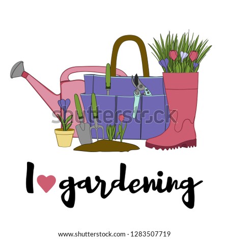 Vector hand drawn gardening banners with tools, plants, flowers, rubber boots, cutter, shovel, rake and lettering phrase I love gardening. Conceptual of Gardening