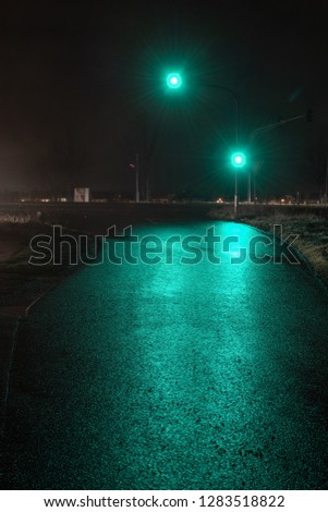Traffic light showing green light in wet night.