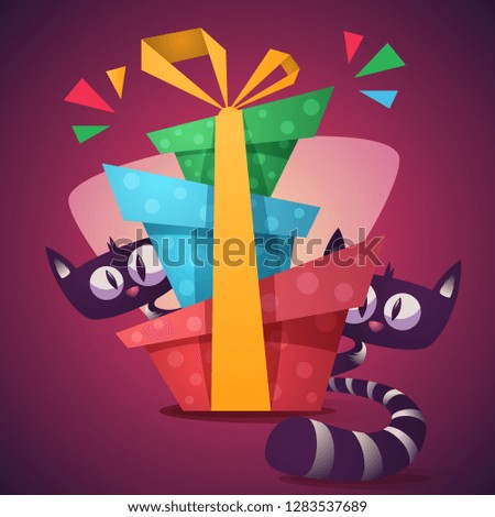 Cute kitty characters with color gift. Vector eps 10