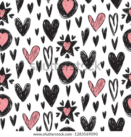 Vector seamless pattern with hand drawn hearts in sketch style. Black, white and pink Valentine s Day endless background for wrapping paper, textile, cards