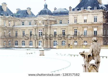 The Luxembourg Palace is the seat of the French Senate (based in Luxembourg garden in Paris, France). Picture is taken during the heavy snowfall / The Luxembourg Palace at snowfall