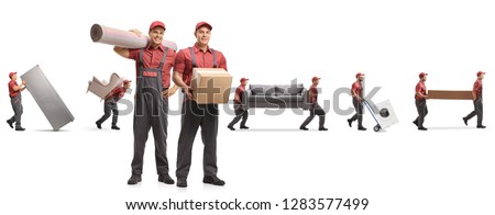 Guys from a moving company carrying home appliences and furniture isolated on white background