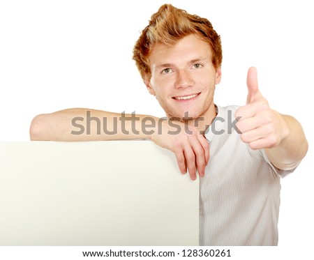 Young businessman with blank board showing thumb up isolated on white background.