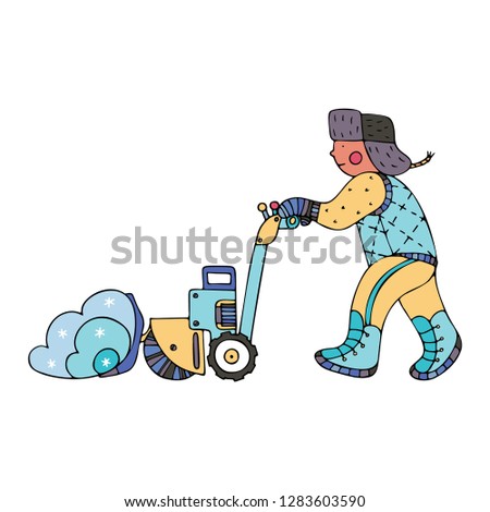 A man clearing the snow with an electrical shover. Fine for ice and snow removal services promotion, articles abot de-icing equipment and snow clearing work.