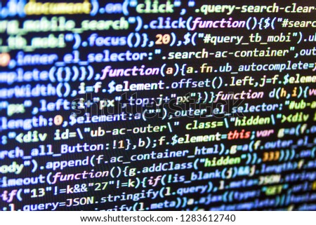 Program code with display,  Abstract software process,  Programmer working in desktop laptop,  Software data concept element,  Application binary code,  Art design website digital page
