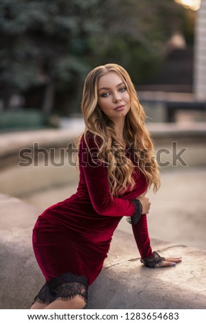 Blonde Hair Fashion Women Wearing Red Dress And Shoes Images And