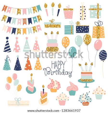 Birthday party glitter set.  Collection of cute holiday items. Vector hand drawn illustration.