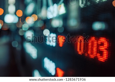 Display of Stock market quotes with city scene reflect on glass