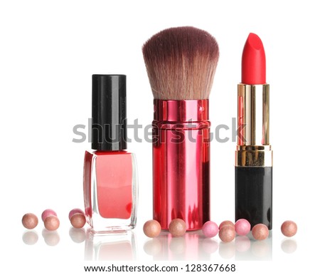 Beautiful red lipstick, nail polish and brush isolated on white