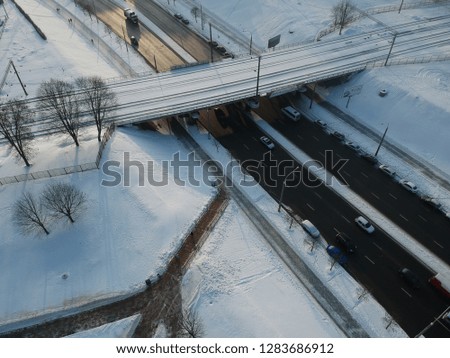 Aerial view (drone photo) of Minsk, Belarus in winter. Area between main railway station, Druzhnaya bus station and railway station "Institut Kultury"