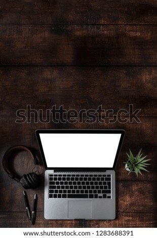 Laptop, headphones, pens and plant on old wooden table