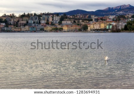 Panorama on Lake Lugano in Switzerland in a winter day