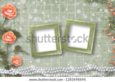 Holiday card with pearls and bouquet of beautiful red roses on green paper background, for congratulation or invitation