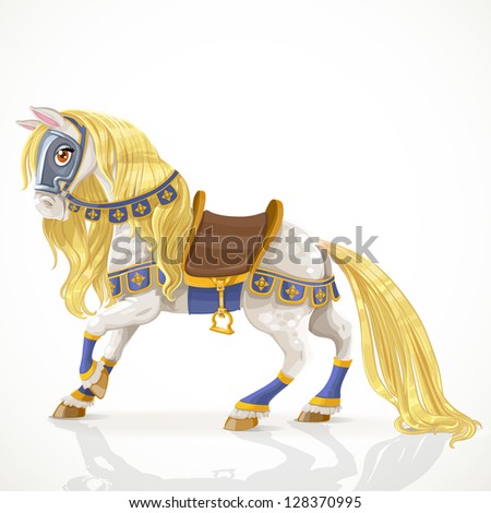 Beautiful white Royal horse with a golden mane in harness