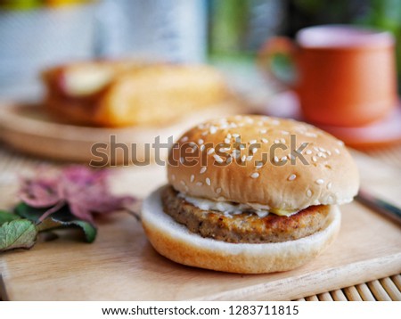 Pork and Cheese Hamburger, selective focus blurry background