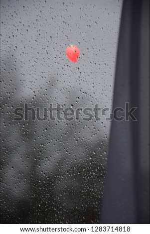 Red Balloon flies past a window full of raindrops on a rainy, gray day