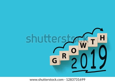 Wooded cube block on white background with word GROWTH 2019 and copy space for your text. Business success growth increase up concept