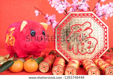Tradition Chinese cloth doll pig, characters on pig and word on Rightside mean good bless