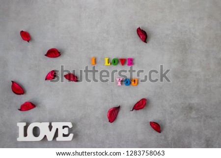 Multicolored letters and red rose petals on gray background. I love you. Valentine's Day Concept.
