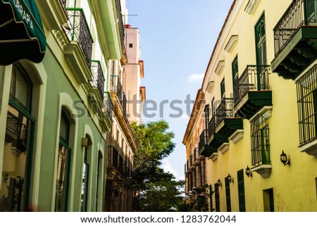 Colorful buildings and historic colonial architecture in downtown Havana, Cuba.