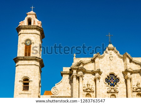 The Cathedral of Havana in Cuba on a beautiful day with a clear blue sky.
