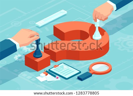 Vector concept of businessmen moving chess pieces on red question mark negotiating strategic decisions.  Royalty-Free Stock Photo #1283778805